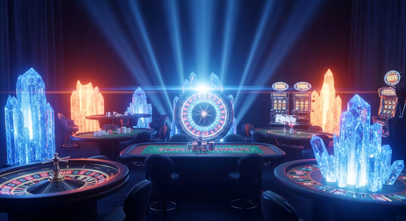 Futuristic virtual reality casino interior glowing with neon lights
